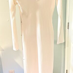 Elegant Cream Ribbed Long Sleeve Dress